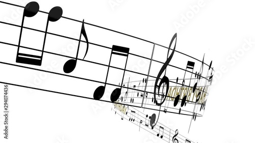 Music notes flowing with message happy birthday in gold color, seamless animation