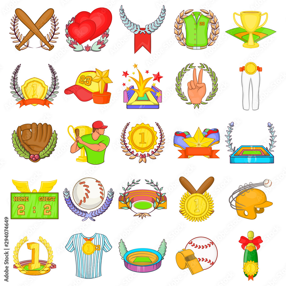Baseball game icons set. Cartoon set of 25 baseball game vector icons for web isolated on white background Baseball game icons set. Cartoon set of 25 baseball game vector icons for web isolated on white background