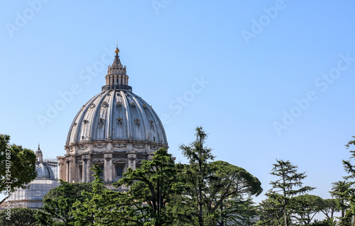 Dome of the Papal Basilica or Holy Saint Peter in Rome as seen from the Vatican Gardens