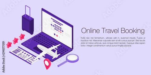 Online travel booking concept banner. Isometric illustration of online travel booking vector concept banner for web design