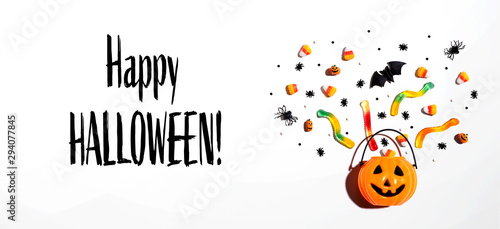 Happy Halloween message with Halloween pumpkin and decorations