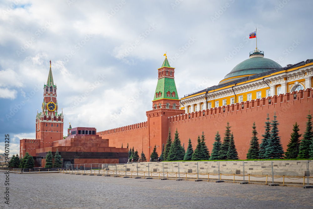 Moscow. Russia. Kremlin. Kremlin wall. Mausoleum. Symbols of Russian statehood. Travel to the capital of the Russian Federation. Cobblestones on red square. Silver firs.