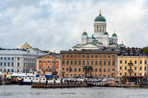 Helsinki. Finland. Suomi. The cruise harbour. Cathedral Of St. Nicholas. Suurkirkko. Business card of Helsinki. Panorama of the capital of Finland on a cloudy day. Travelling to Scandinavia.