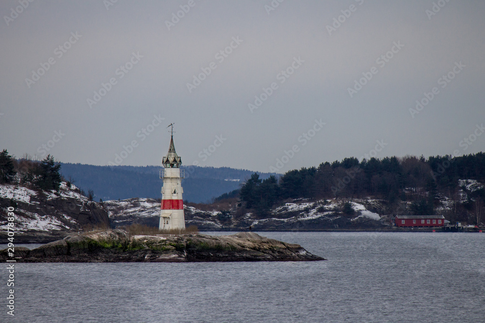 Lighthouse on Tiny Rock in the Oslo Fjord, Norway