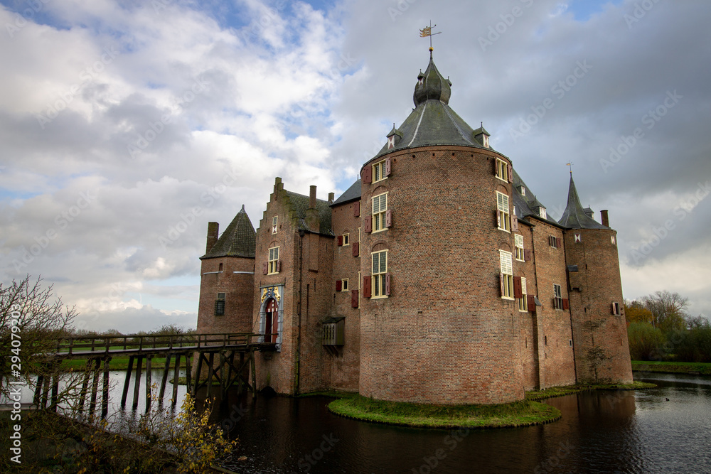 Medieval European Brick Castle with Large Moat and Later Renovations