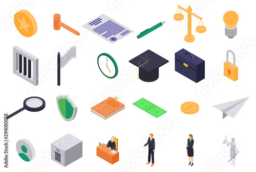 Justice icons set. Isometric set of justice vector icons for web design isolated on white background