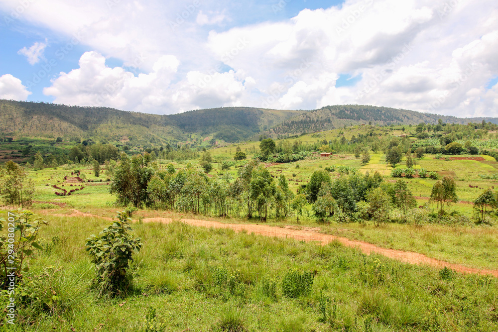 Panoramic overview of the rural Gitega Province in Burundi with agricultural fields until the Horizon. Cassava, millet and corn are the most common crops