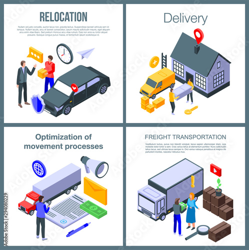 Relocation banner set. Isometric set of relocation vector banner for web design