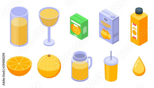 Juice orange icons set. Isometric set of juice orange vector icons for web design isolated on white background
