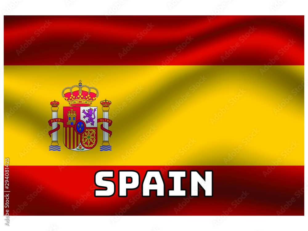 Spain Waving national flag with name of country, for background. original colors and proportion. Vector illustration symbol and element, from countries set