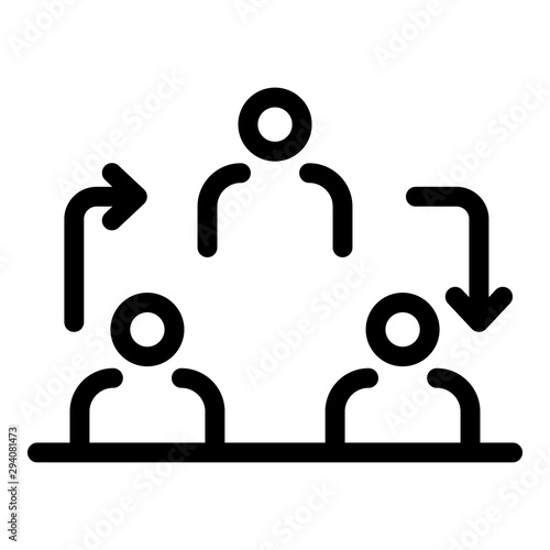 Three people and arrows icon. Outline three people and arrows vector icon for web design isolated on white background