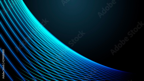 Fototapeta Naklejka Na Ścianę i Meble -  Beautiful  green blue abstract magical energy electric spiral spun cosmic fiery parallel lines, stripes glittering glowing on dark background. illustration. Texture.