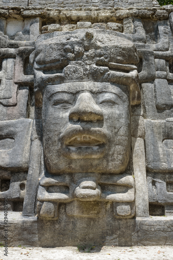 Close Up of Mask at Mask Temple, Lamanai Archaeological Reserve, Orange Walk, Belize, Central America.