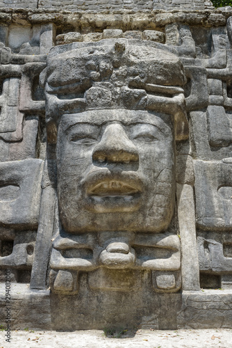 Close Up of Mask at Mask Temple, Lamanai Archaeological Reserve, Orange Walk, Belize, Central America.