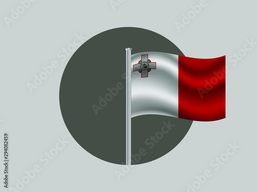 Malta Waving national flag on flagpole inside circle, isolated on gray background. original colors and proportion. Vector illustration, from countries flag set