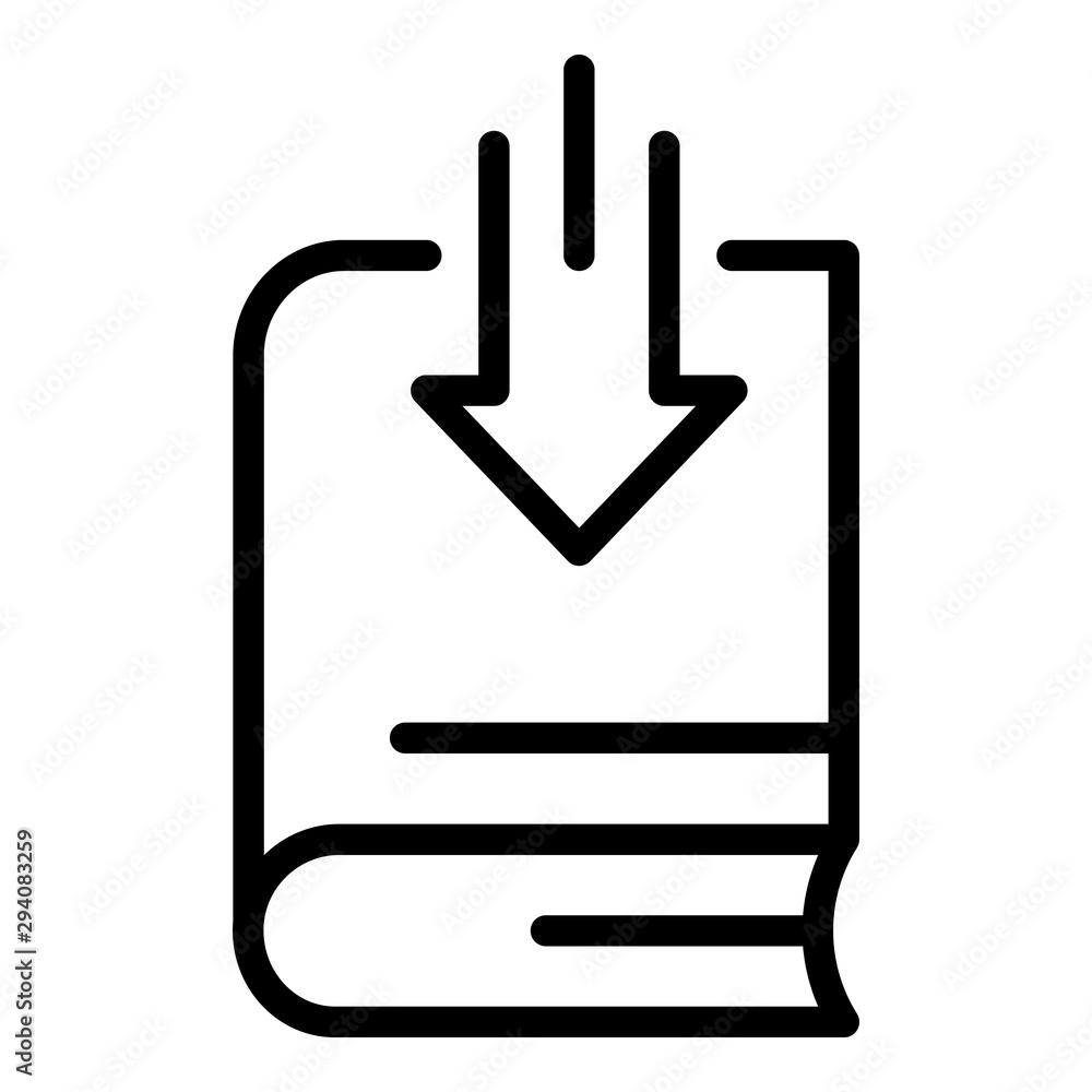 Book and down arrow icon. Outline book and down arrow vector icon for web design isolated on white background Book and down arrow icon. Outline book and down arrow vector icon for web design isolated on white background