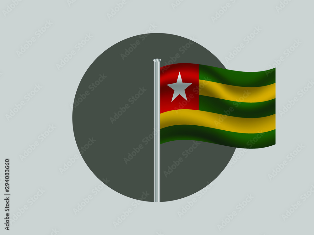 Togo Waving national flag on flagpole inside circle, isolated on gray background. original colors and proportion. Vector illustration, from countries flag set Togo Waving national flag on flagpole inside circle, isolated on gray background. original colors and proportion. Vector illustration, from countries flag set