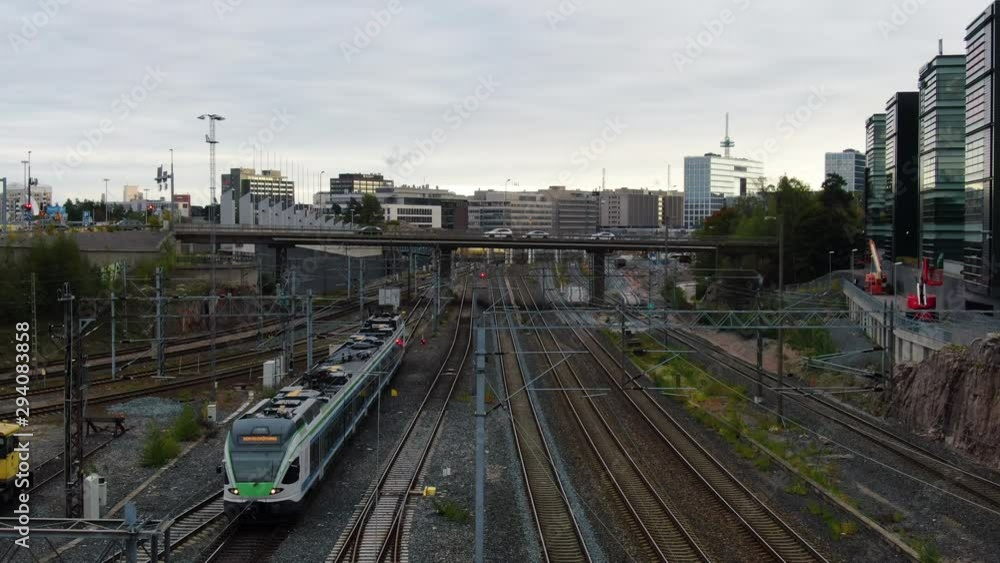 Railroad. Transport with express train. Flying over the railways. Railroad. Transport with express train. Flying over the railways.