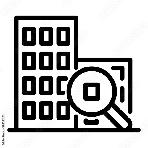 Building and magnifier icon. Outline building and magnifier vector icon for web design isolated on white background