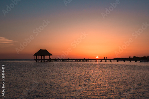 Amazing sunset at Holbox Island in the Caribbean Ocean of Mexico