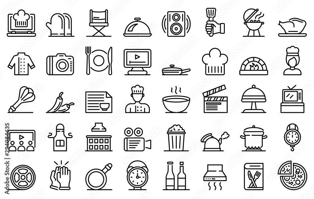 Cooking show icons set. Outline set of cooking show vector icons for web design isolated on white background Cooking show icons set. Outline set of cooking show vector icons for web design isolated on white background