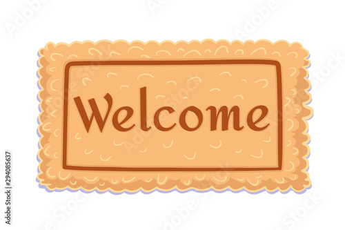 Welcome. Flat doormat for decoration design. Element of Home decor. Carpet with the text isolated on white background. greeting and invitation to come in. Vector Illustration