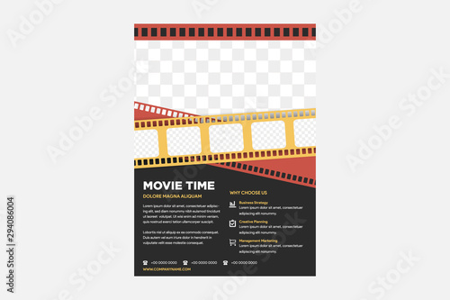Cinema Movie Festival Poster Card Template with Realistic Clapper Board for Ad, Invitation, Presentation . Vector illustration of Film flyer. layout space for photo collage. red, yellow and black