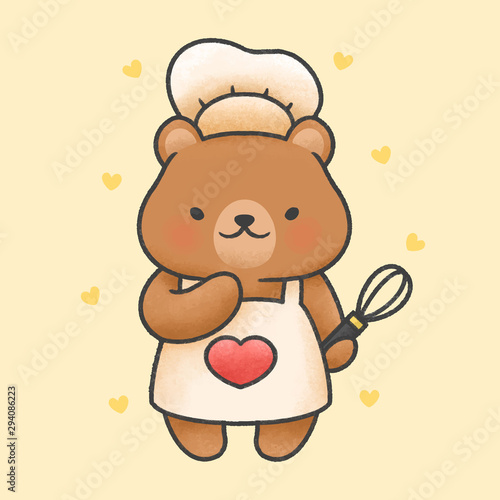Cute bear cooking cartoon hand drawn style