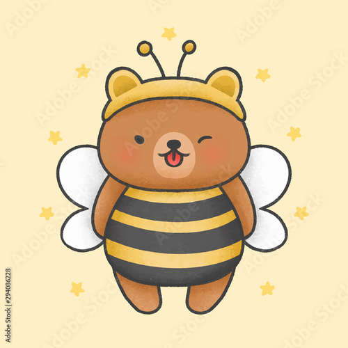 Cute bear costume bee cartoon hand drawn style
