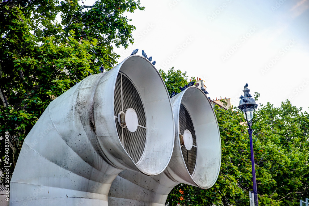 Iconic air shafts and ductwork on the exterior of the Pompideau Centre in Pairs France Iconic air shafts and ductwork on the exterior of the Pompideau Centre in Pairs France