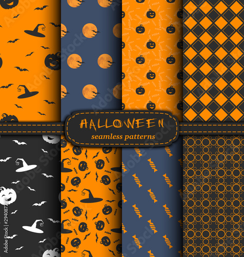 Set of 8 bright and dark Halloween seamless patterns. Vector Holiday collection for design