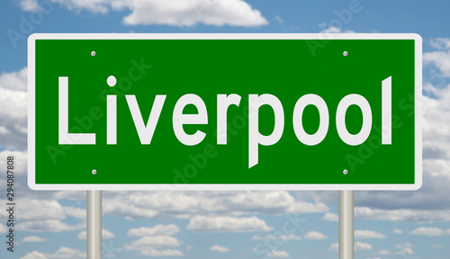 Fényképezés Rendering of a green 3d highway sign for Liverpool in England