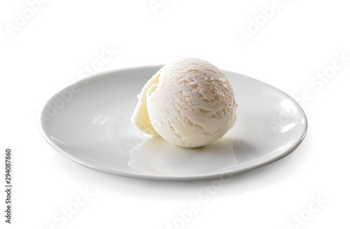 swirling ice cream scoop on plate isolated on white background