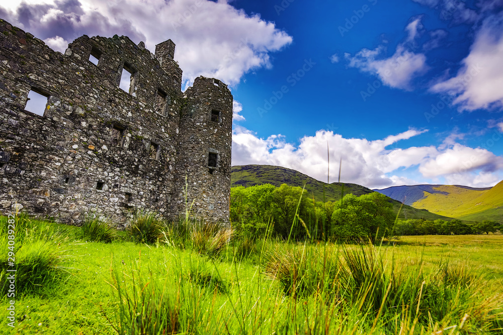 Ancient Scottish medieval buildings and beautiful landscape of traditional nature.