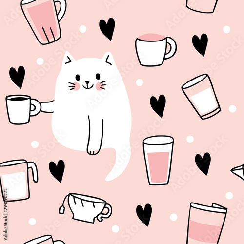 Cartoon cute  cat drinking coffee seamless pattern vector.