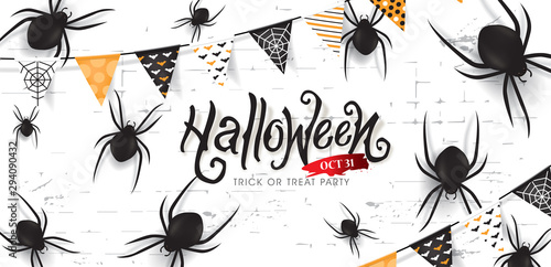 Halloween banners party invitation decor with black spider and party flag on white background. Halloween calligraphy Vector illustration.