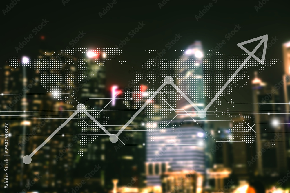 Blur capital town many buildings in city with transportation system double exposure graph and technology icon with night time light view. Blur capital town many buildings in city with transportation system double exposure graph and technology icon with night time light view.