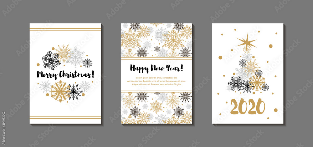 Set of Merry Christmas and Happy New Year vertical greeting cards with beautiful golden and black snowflakes. Christmas design for banners, posters, massages, announcements. Space for text