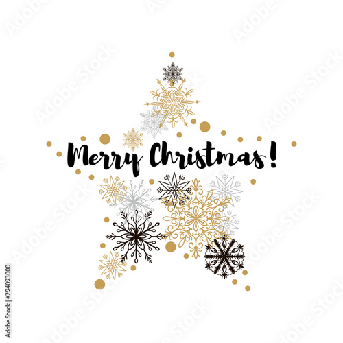 Merry Christmas design with beautiful star with golden snowflakes isolated on white background. Vector illustration.