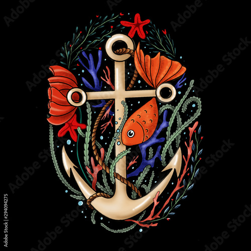 Marine print, anchor, orange fish on a dark background, blue algae and flowers. Print for t-shirts, posters
