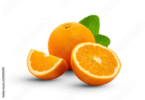Fresh orange fruit and orange slice with green leaf. isolated on white