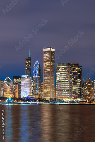 Chicago Cityscape river side along Lake Michigan at beautiful twilight time  Illinois  United States  Business Architecture and building with tourist concept