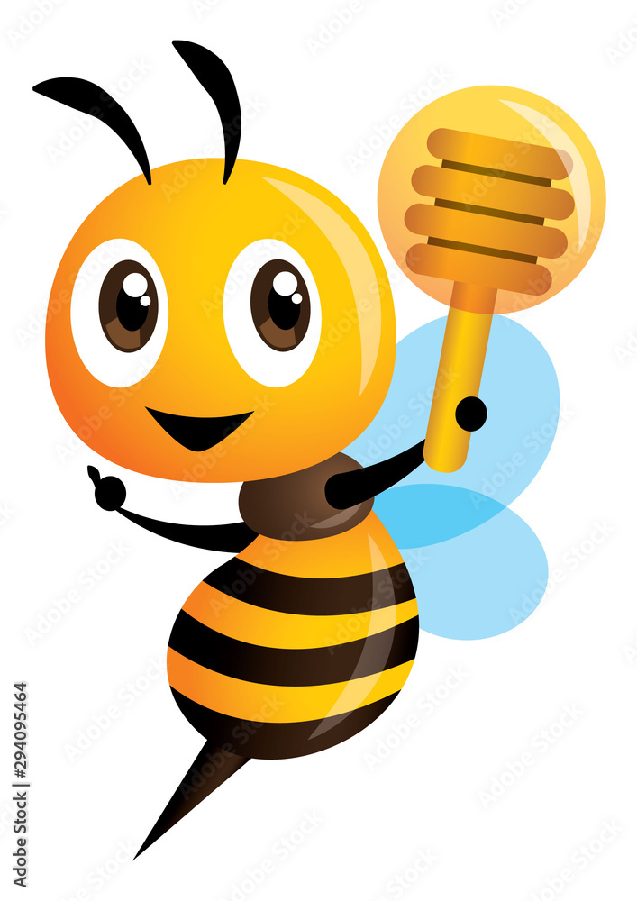 Cartoon cute bee pointing and holding a honey dipper. vector illustration isolated Cartoon cute bee pointing and holding a honey dipper. vector illustration isolated