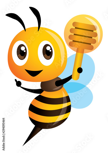 Cartoon cute bee pointing and holding a honey dipper. vector illustration isolated 