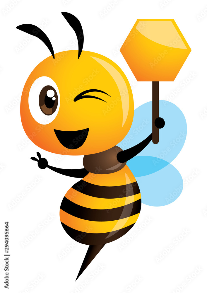 Cartoon cute bee showing victory hand and holding a honey shape signboard. vector illustration isolated Cartoon cute bee showing victory hand and holding a honey shape signboard. vector illustration isolated
