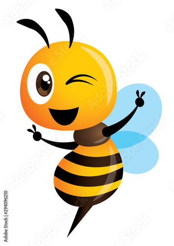 Cartoon cute bee showing victory sign hand - vector character mascot