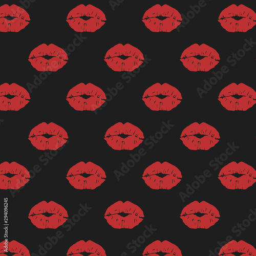 Vector pattern with red lip prints on black background. Colored ornament with kisses in the style of pop art.