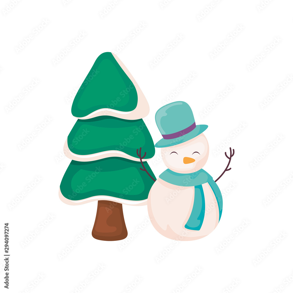 snowman with christmas tree on white background