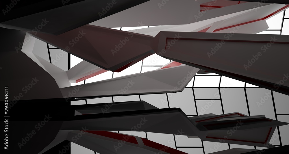 Fototapeta premium Abstract architectural whte, red and black gloss interior of a minimalist house with large windows.. 3D illustration and rendering.