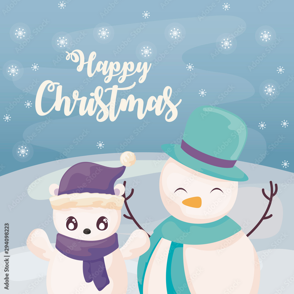 happy christmas label with snowman and polar bear on winter landscape happy christmas label with snowman and polar bear on winter landscape